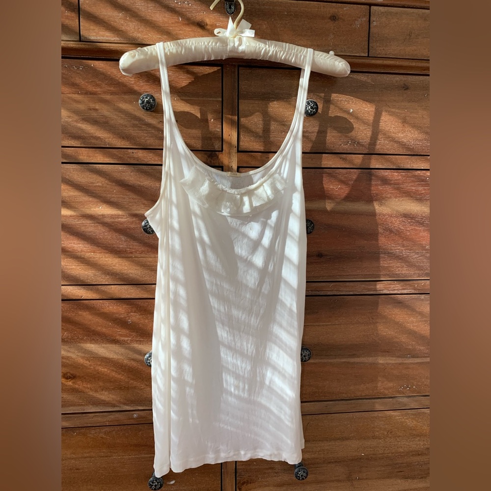 Bundle: J Crew White Cotton Tank w/💯%Silk Ruffle & PTA Red/Brown Cotton Tank L - Picture 3 of 16